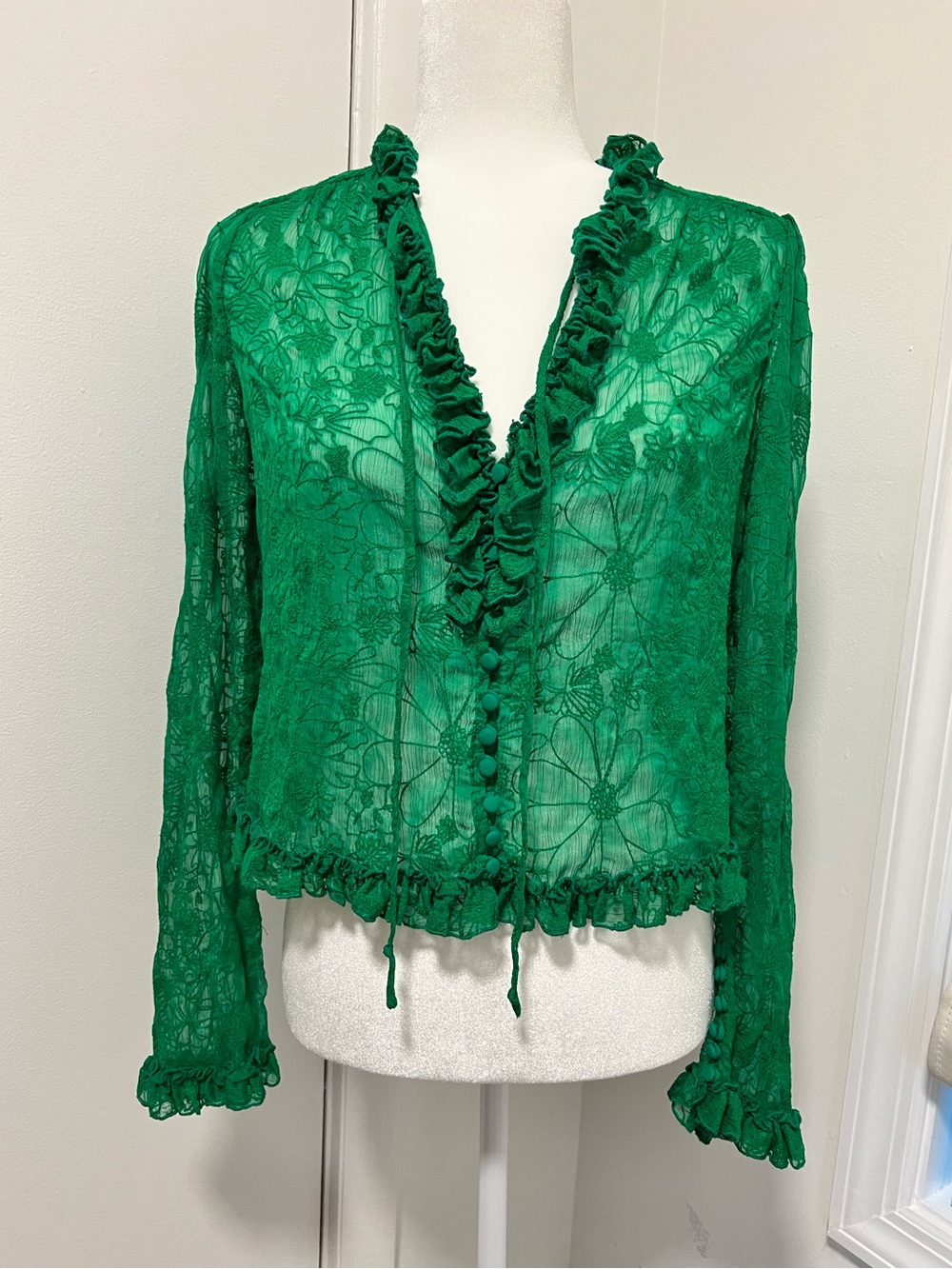 Alexis Emerald Green Sheer Floral Lace Ruffle Blouse
